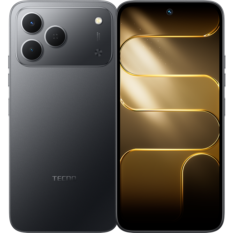 Tecno Spark 50 in ink black, back and front with a gold wallpaper