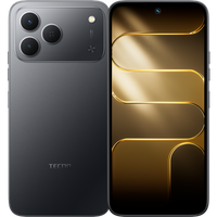 Tecno Spark 50 in ink black, back and front with a gold wallpaper
