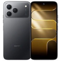 Tecno Spark 50 in ink black, back and front with a gold wallpaper on the 6.78-inch screen