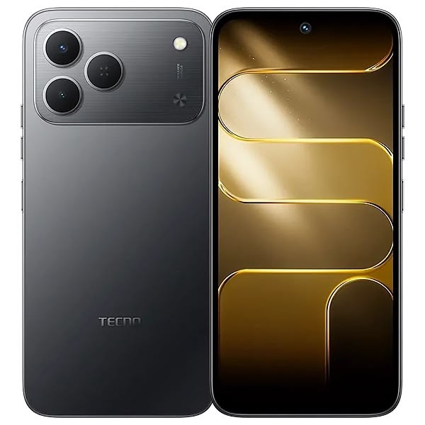 Tecno Spark 50 in ink black, back and front with a gold wallpaper on the 6.78-inch screen