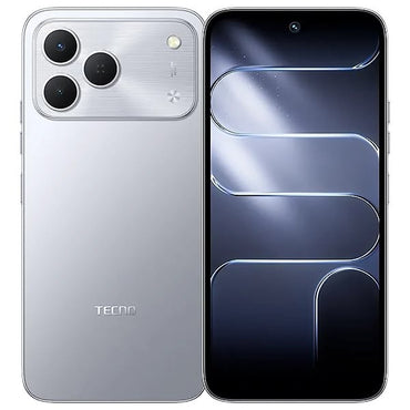 Tecno Spark 50 in neo titanium silver, back and front view