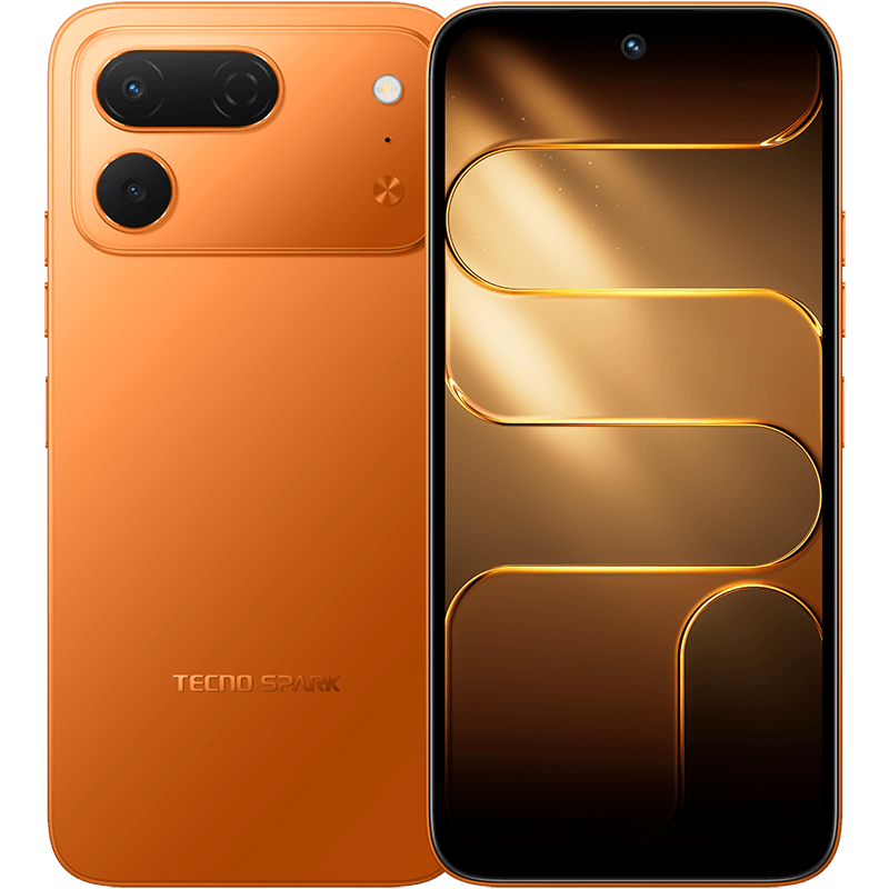 Tecno Spark 50 Pro in dynamic orange, back and gold-tinted front screen