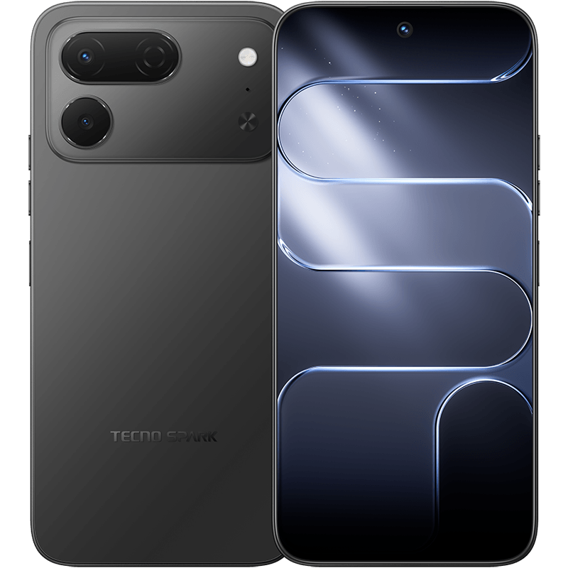 Tecno Spark 50 Pro in ink black, back and front with the 50MP camera bar