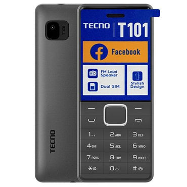 TECNO T101 feature phone displayed from two angles showing front with keypad and rear camera, in black color.