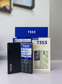 TECNO T353 feature phone displayed with focus on its 2.0" screen, dual SIM slots with it's packaging box displayed