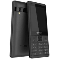 A black TECNO T529 feature phone displaying the front view with the screen off and the back view showing the camera and the flashlight.