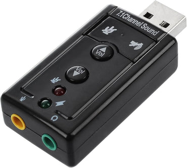 A black USB stereo audio adapter with buttons and LED indicators, featuring audio output and microphone input ports.