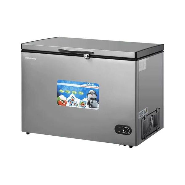Brand new Vision Plus 300L chest freezer front exterior showing recessed handle and key lock