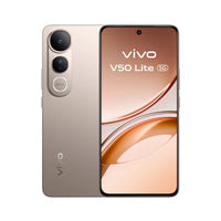 vivo V50 Lite 5G in Titanium Gold, back camera and front screen showing the model name