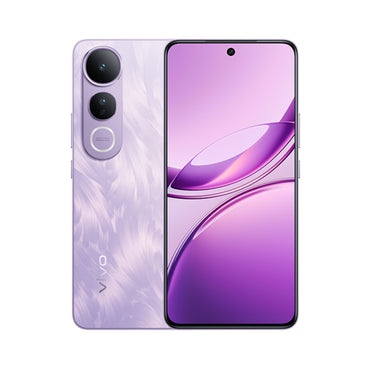 vivo V50 Lite 5G in a light purple marble back with the dual camera and a purple AMOLED front