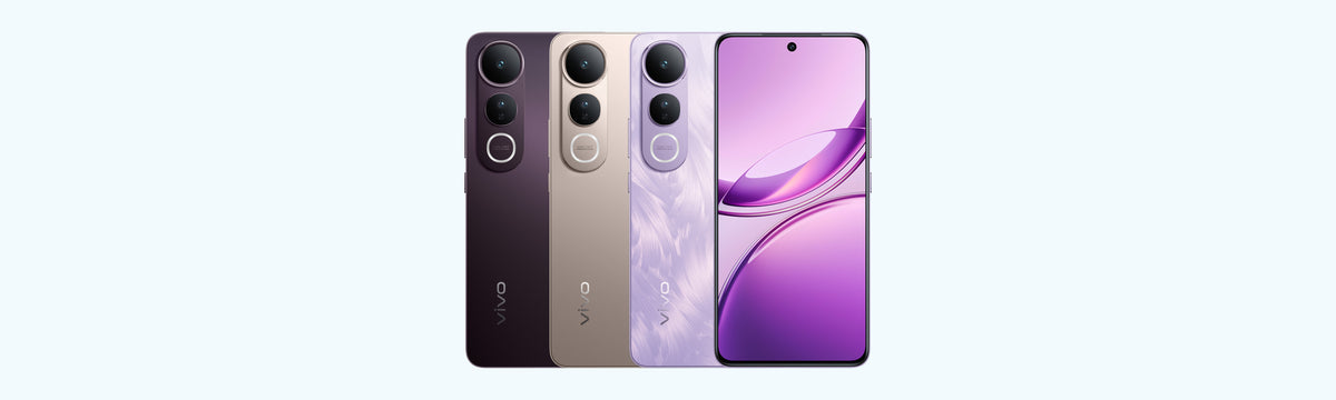 vivo V50 Lite 5G backs in black, gold and light purple beside a purple AMOLED front