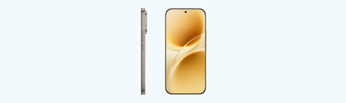 vivo V70 in Alpine Gray, side buttons and the flat 6.59-inch AMOLED with a gold wallpaper