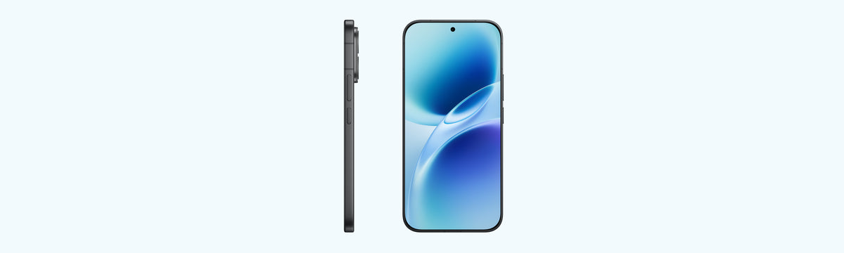 vivo V70 in Authentic Black, side profile and the AMOLED front with a blue wallpaper