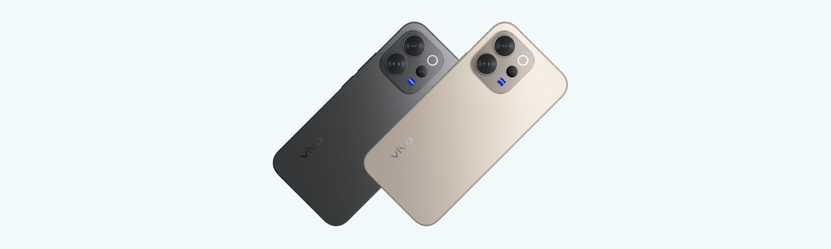vivo V70 backs in Authentic Black and Alpine Gray at an angle, square ZEISS camera islands