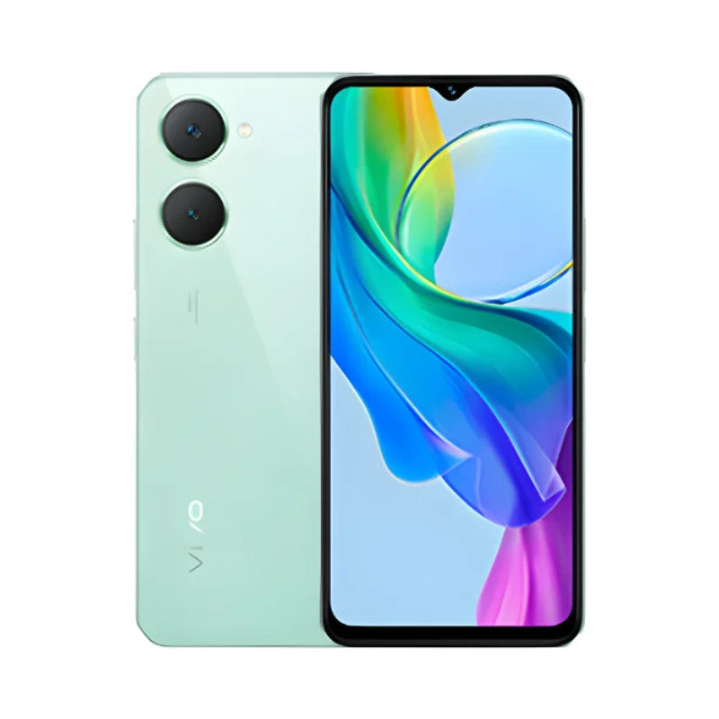 vivo Y03 in Gem Green, back with the twin-ring camera and the front screen