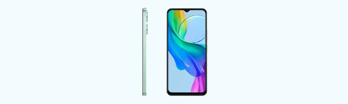 vivo Y03 in Gem Green, side profile and the front screen with a colourful wallpaper