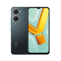 vivo Y03 in Space Black, back with the twin-ring camera and the 6.56-inch screen showing a gold V wallpaper
