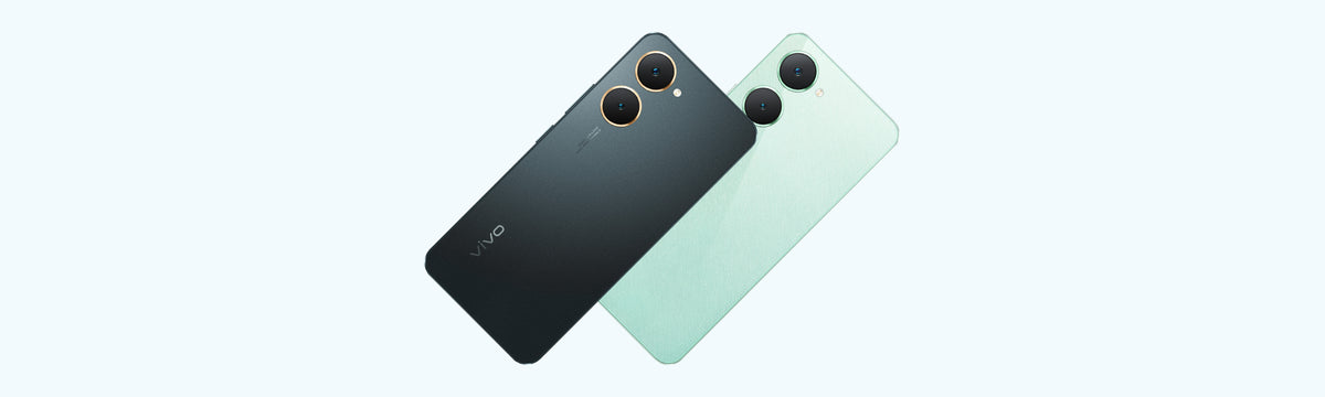 vivo Y03 backs in Space Black and Gem Green at an angle