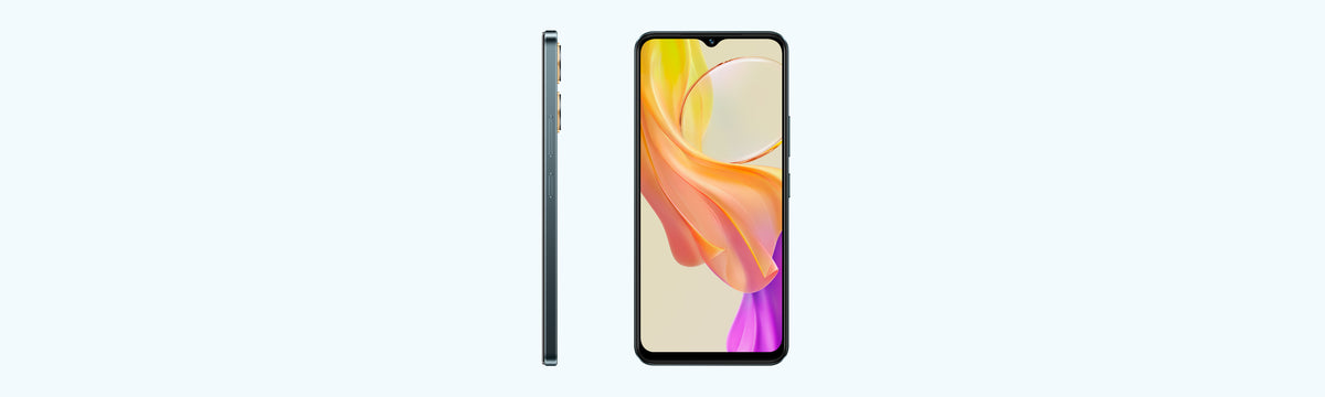 vivo Y03 in Space Black, side buttons and the HD+ screen with an orange wallpaper