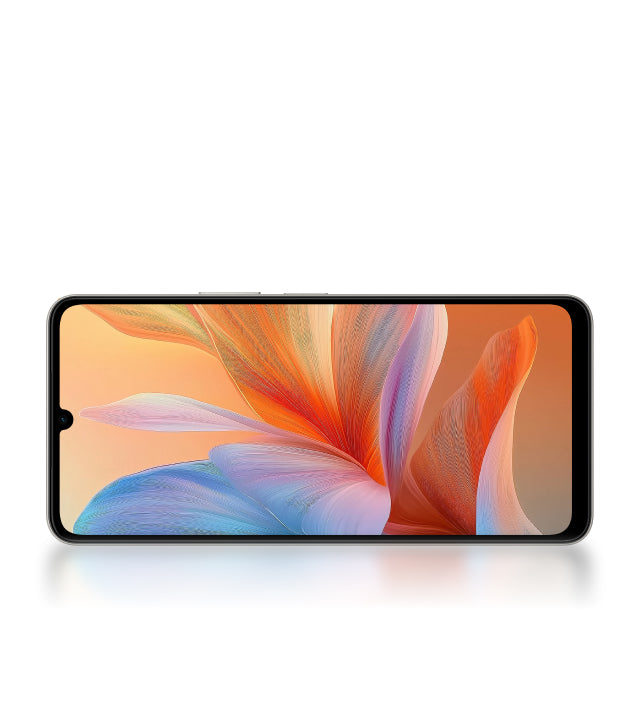 vivo Y05 official front, 6.74-inch HD+ LCD with a teardrop notch and a floral wallpaper