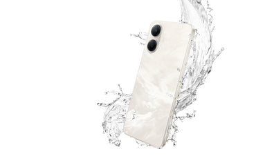 vivo Y05 Summit Platinum back with a water splash, showing the IP65 sealed body