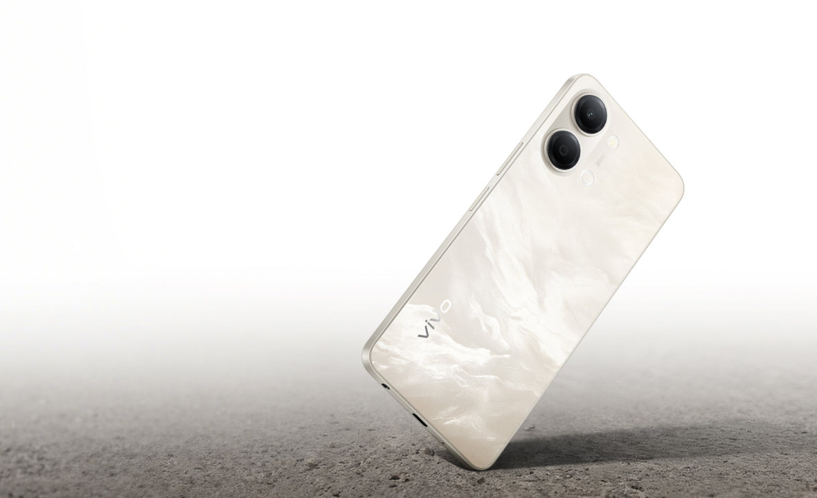 vivo Y05 in Summit Platinum, official back with the twin-lens camera island on a grey surface