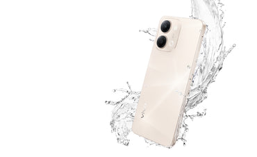 vivo Y11d Sunrise Gold back with a water splash, showing the IP65 sealed body