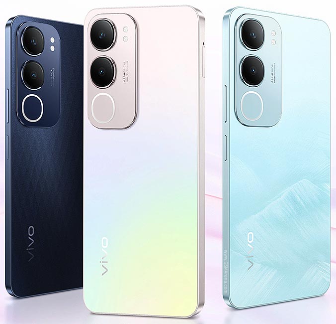 vivo Y19s backs in dark navy, pearl silver and light blue with the tall twin camera module