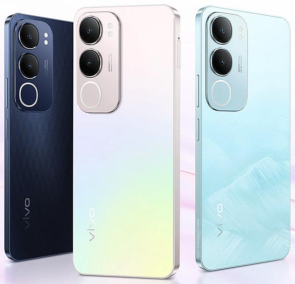vivo Y19s backs in dark navy, pearl silver and light blue with the tall twin camera module