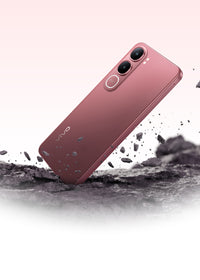 vivo Y21d Coral Red above a rocky surface, official durability shot of the sealed back