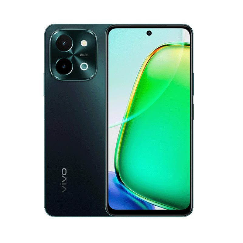 vivo Y28 in Agate Green, back and front view with the twin camera island
