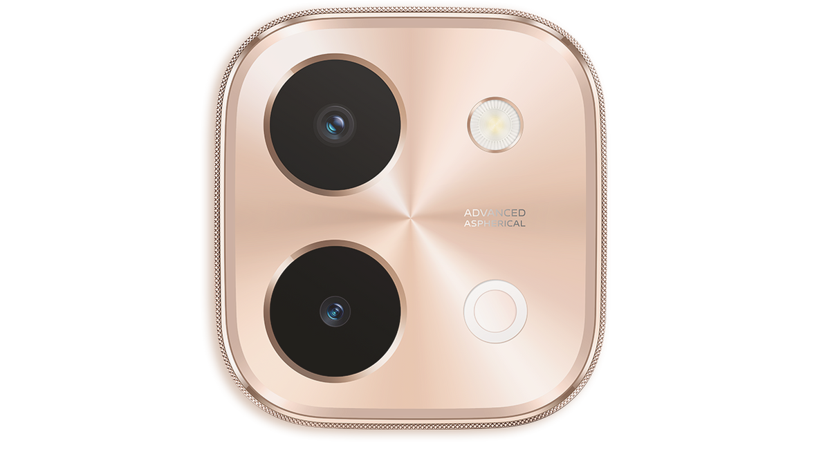 Close-up of the vivo Y28 Gleaming Orange camera module with the 50MP and 2MP lenses