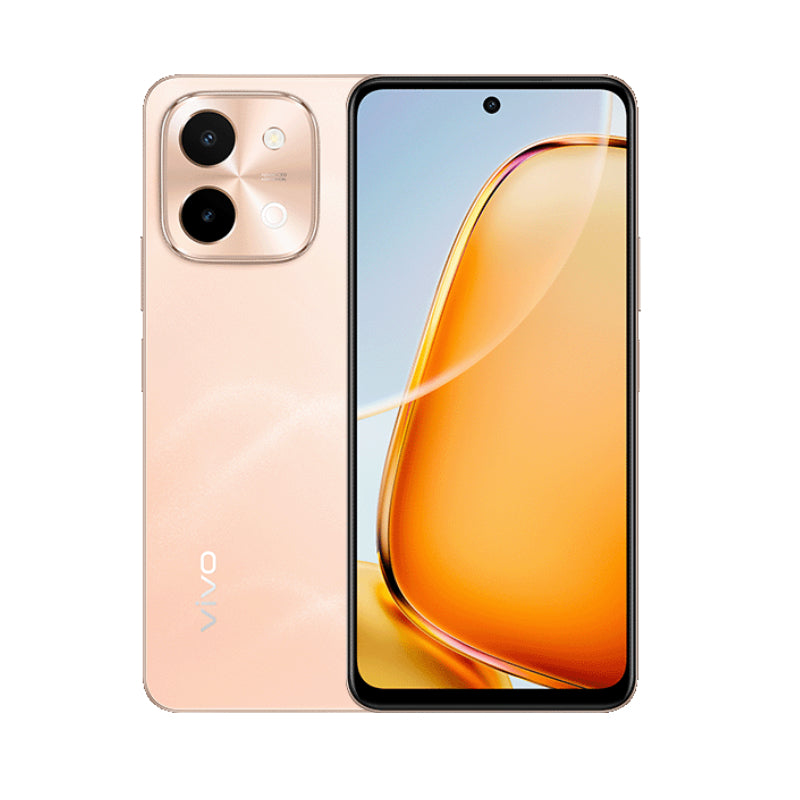 vivo Y28 in Gleaming Orange, back and front view with the peach wallpaper