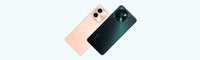 vivo Y28 backs in Gleaming Orange and Agate Green at an angle on a pale background
