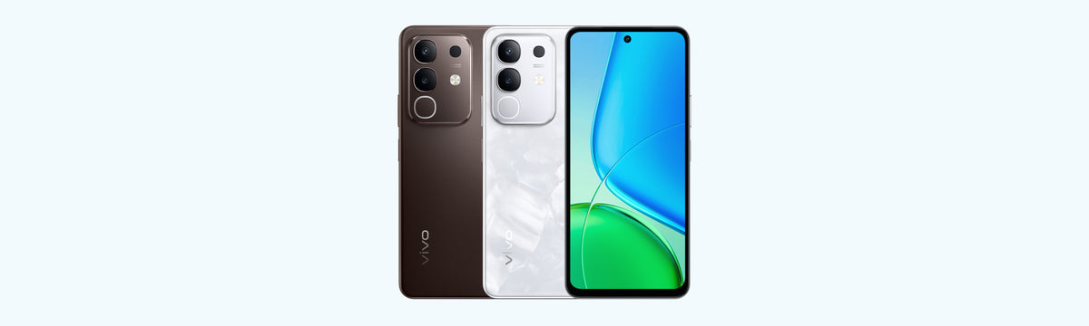 vivo Y29 official gallery: Noble Brown back, Elegant White back, and the front screen