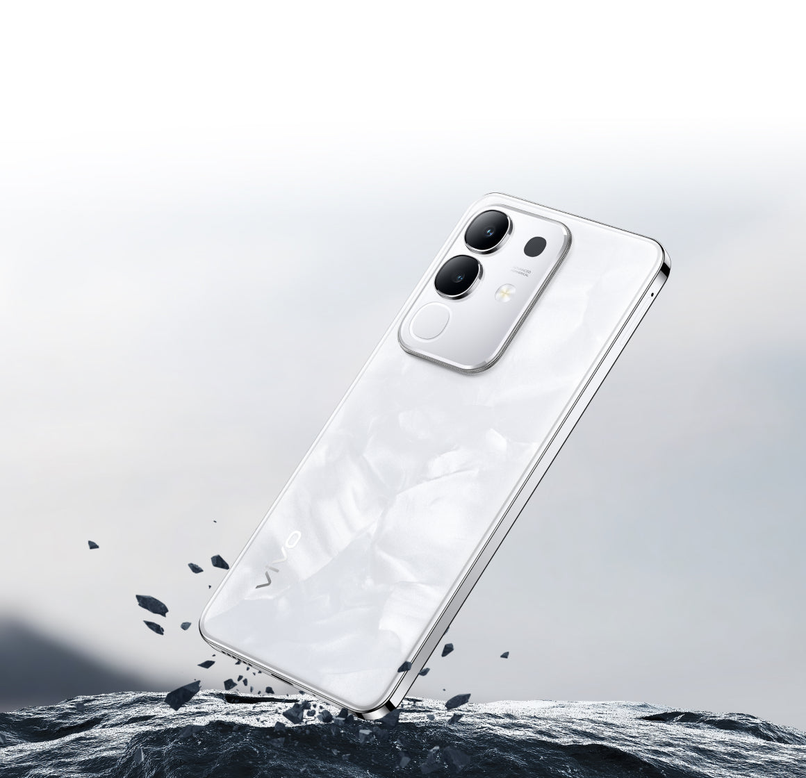 vivo Y29 in Elegant White with the textured back and silver camera island