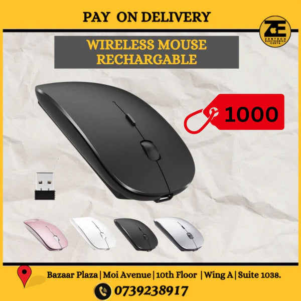 The image shows a wireless rechargeable mouse in black color with a USB charging cable. Additional mice in different colors are depicted in the background.