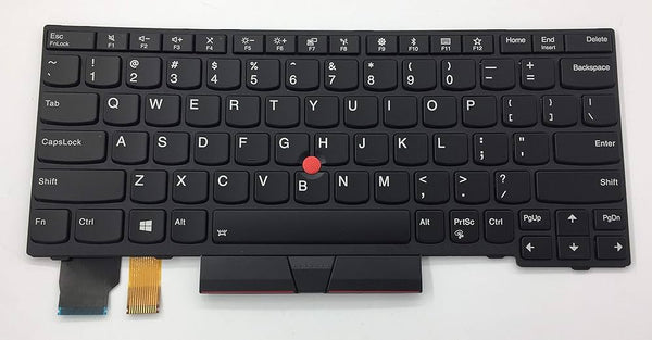 A black laptop keyboard with white lettering and backlight, including a numeric keypad and a trackpoint.