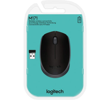 Packaged Logitech M171 wireless mouse in black color, with a USB receiver, displayed on a white background.