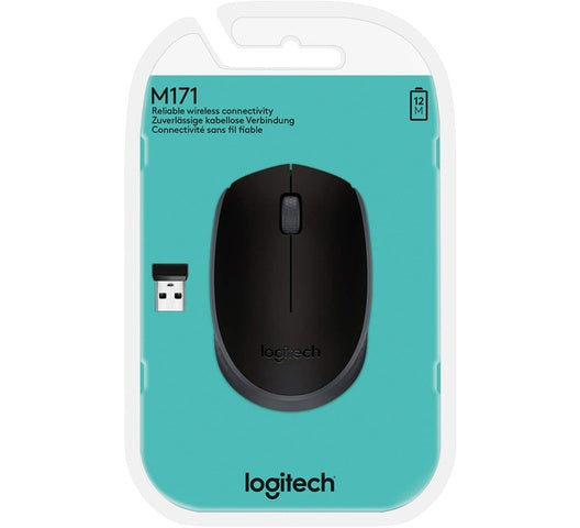Packaged Logitech M171 wireless mouse in black color, with a USB receiver, displayed on a white background.