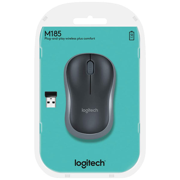 Packaged Logitech M185 Compact Wireless Mouse in gray color with the Logitech logo visible on the packaging.