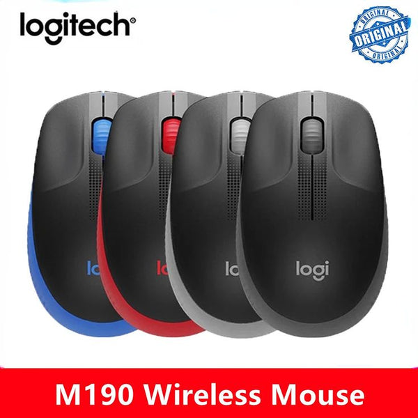 An array of Logitech M190 wireless mice in black with different color accents, including blue, red, and gray.