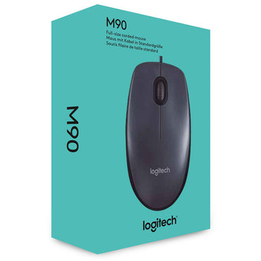 Packaging box of Logitech M90 Wired USB Mouse in black color with the brand name visible.