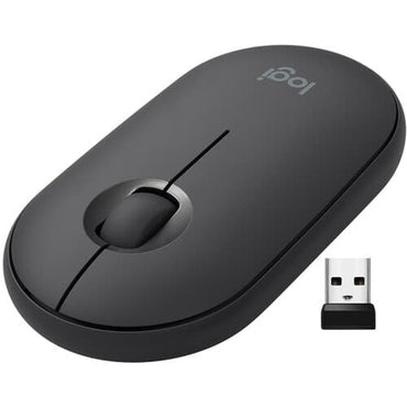 A black Logitech Pebble M350 wireless and Bluetooth mouse with a USB receiver next to it.