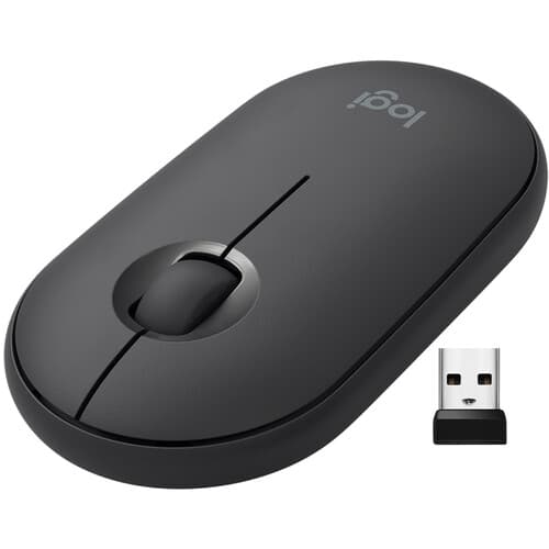 A black Logitech Pebble M350 wireless and Bluetooth mouse with a USB receiver next to it.
