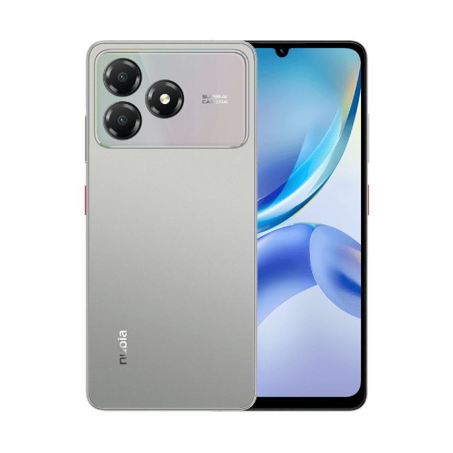 ZTE A36 official silver Titanium Gold back and front on a white studio background