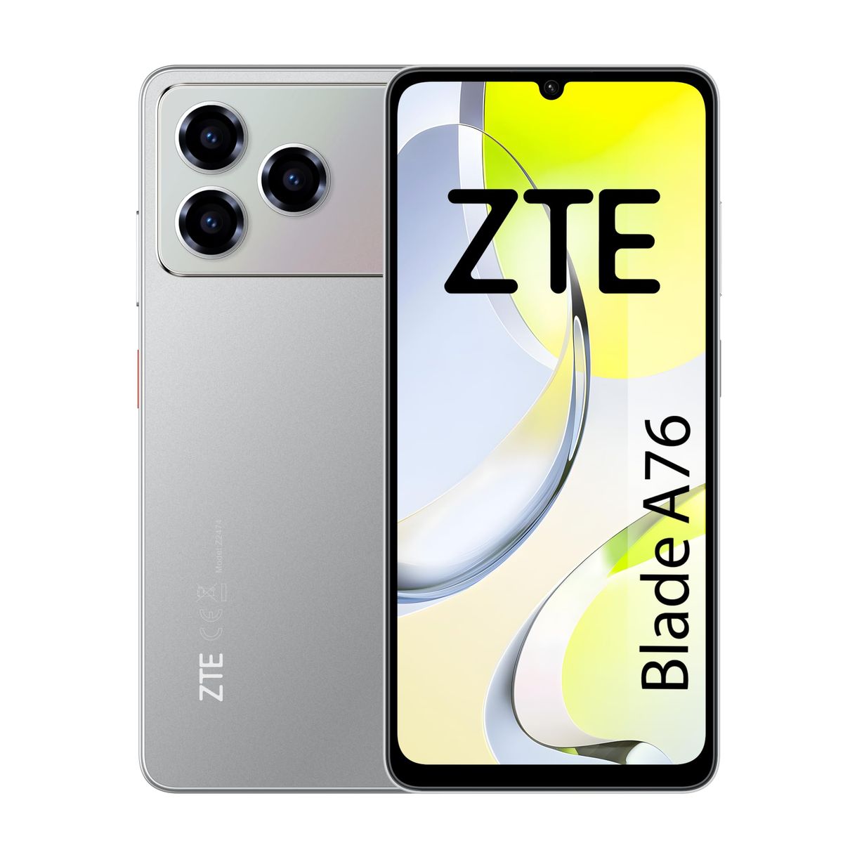 ZTE A76 in silver, back with the triple-look camera island and the front screen showing Blade A76 lettering