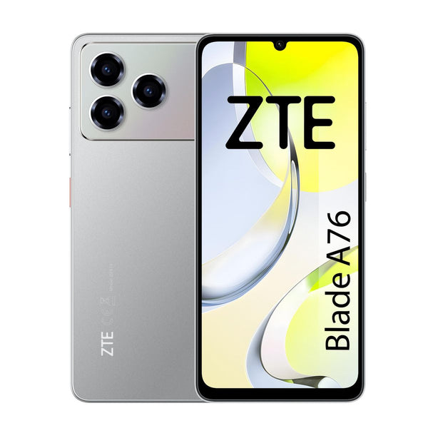 ZTE A76 in silver, back with the triple-look camera island and the front screen showing Blade A76 lettering