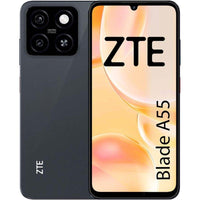 Color Black ZTE Blade A55 smartphone in with a display on, showing the brand logo and the name of the model.