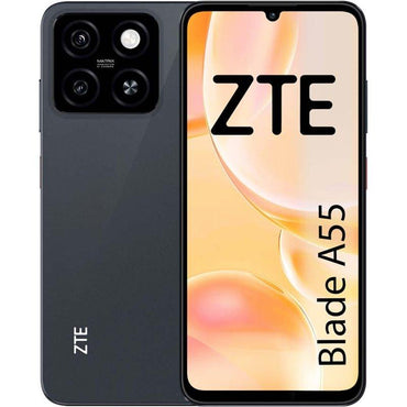 Color Black ZTE Blade A55 smartphone in with a display on, showing the brand logo and the name of the model.